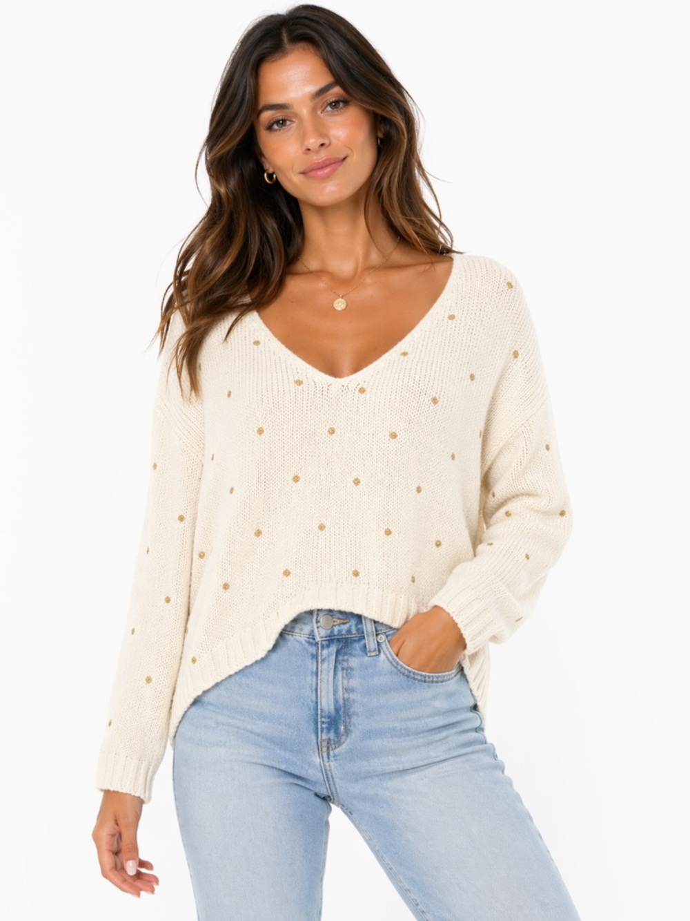 Wooden‎ Ships Cream V-Neck Sweater with Gold Dots